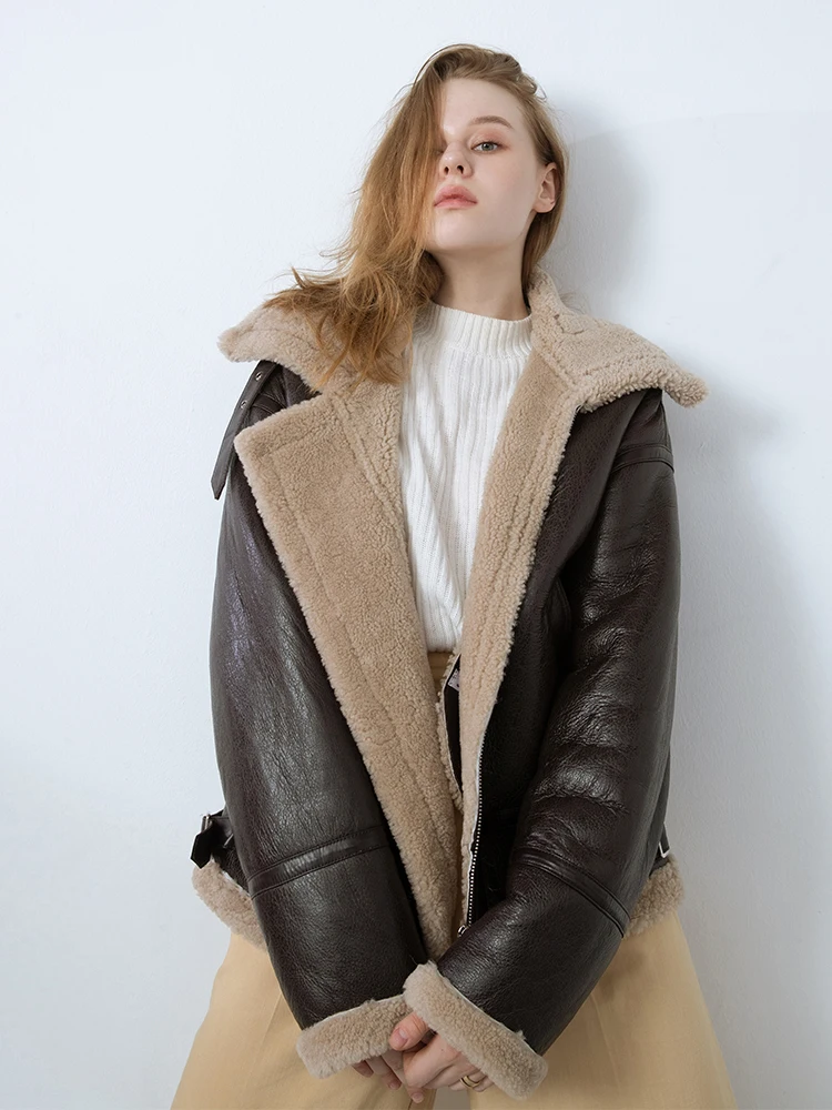 

Natural Sheepskin Shearling Coat Winter Women's Fur One Thick Warm Brown Black Motorcycle Genuine Leather Jacket Women