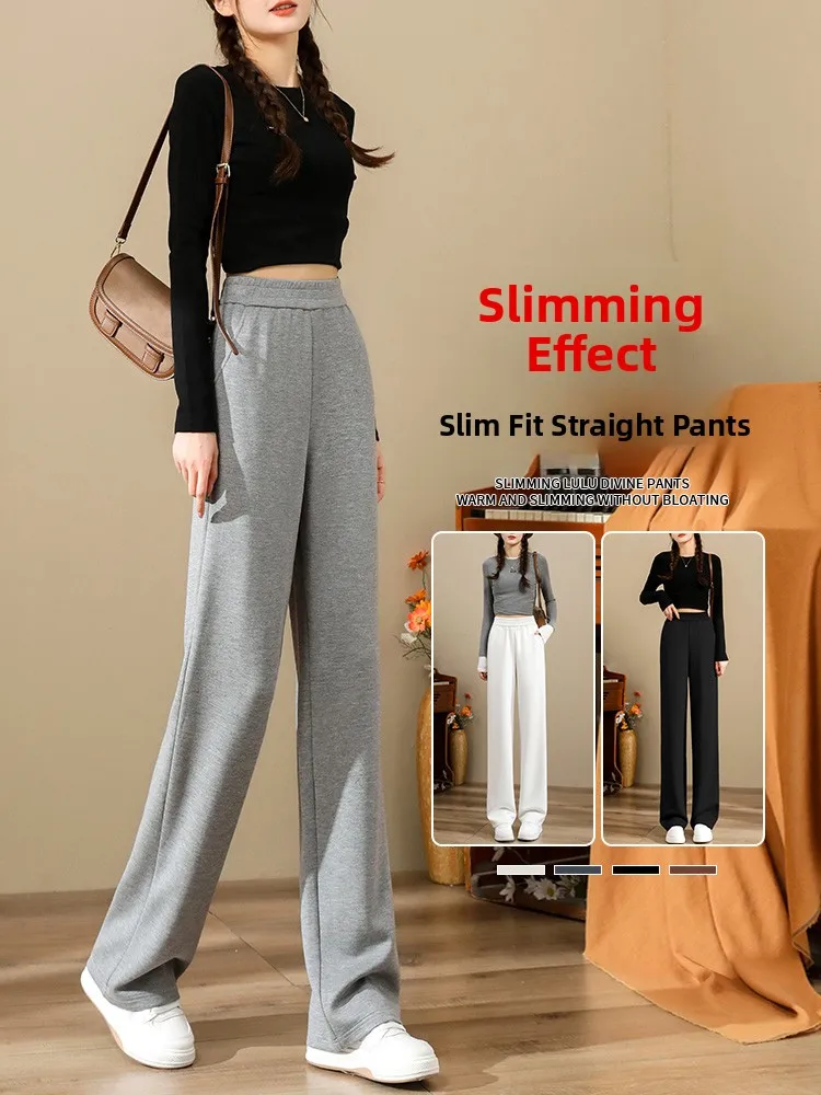 Thiened Fce Pantaloni a gamba larga sportivi dimagranti a vita alta Pantaloni a gamba dritta di piccole dimensioni casual allentati caldi autunno inverno da donna