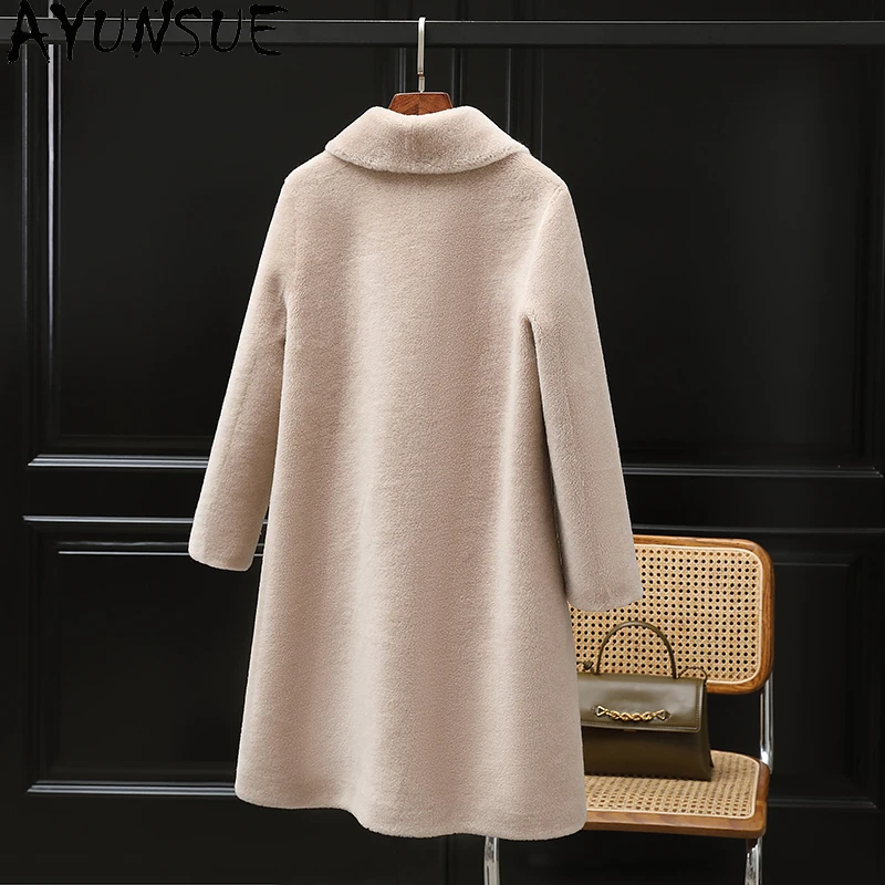 เสื้อโค้ทขนสัตว์แท้ 100% ยี่ห้อ AYUNSUE สำหรับผู้หญิง ปี 2025 แจ็คเก็ตขนแกะแท้ เสื้อผ้าฤดูหนาวสำหรับผู้หญิง ขนสัตว์ผสม เสื้อโค้ทขนสัตว์ ความยาวปานกลาง
