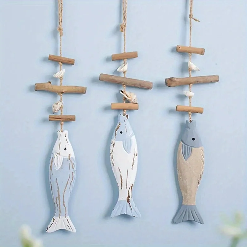 1PC Fish String Wooden Fish Sea Pendant for Decor Fish Skewers Wood Carving Pendant Fish Hanging Decor