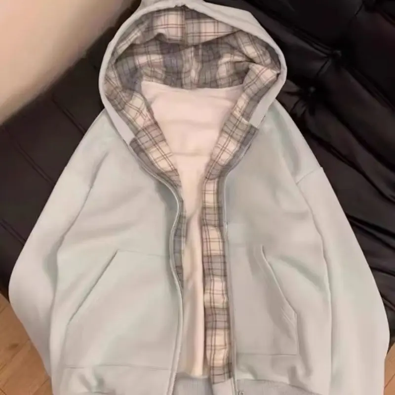 Women Vintage Plaid Patchwork Color Block Hoodie Jacket Autumn Winter Casual Cardigan Streetwear Hooded Sweatshirt Top - view 6
