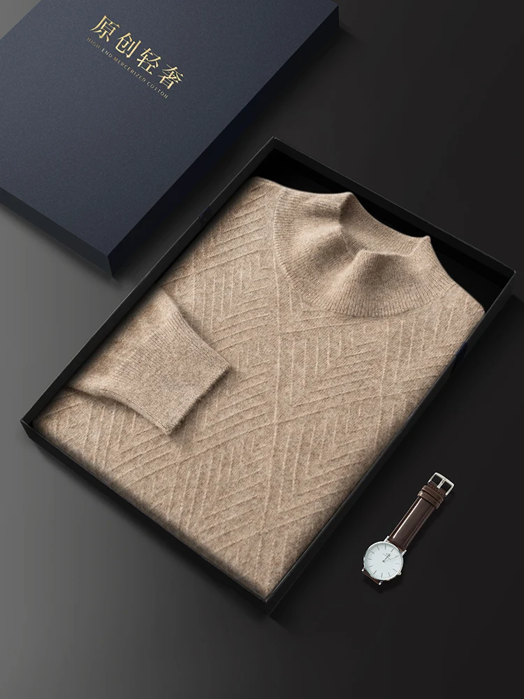 New Men 100% Cashmere Sweater Diamond shaped Fold line Mock Neck Pullover Autumn Winter Cashmere Knitwear Smart Casual Clothing