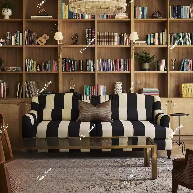 

American retro black and white striped fabric sofa straight row small apartment living room cotton and linenP