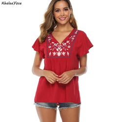 KHALEE YOSE Red Floral Embroidery Blouse Shirt Cotton Summer Mexican Shirt Oversized Women 2xl 3XL Ethnic Chic Ladies Top