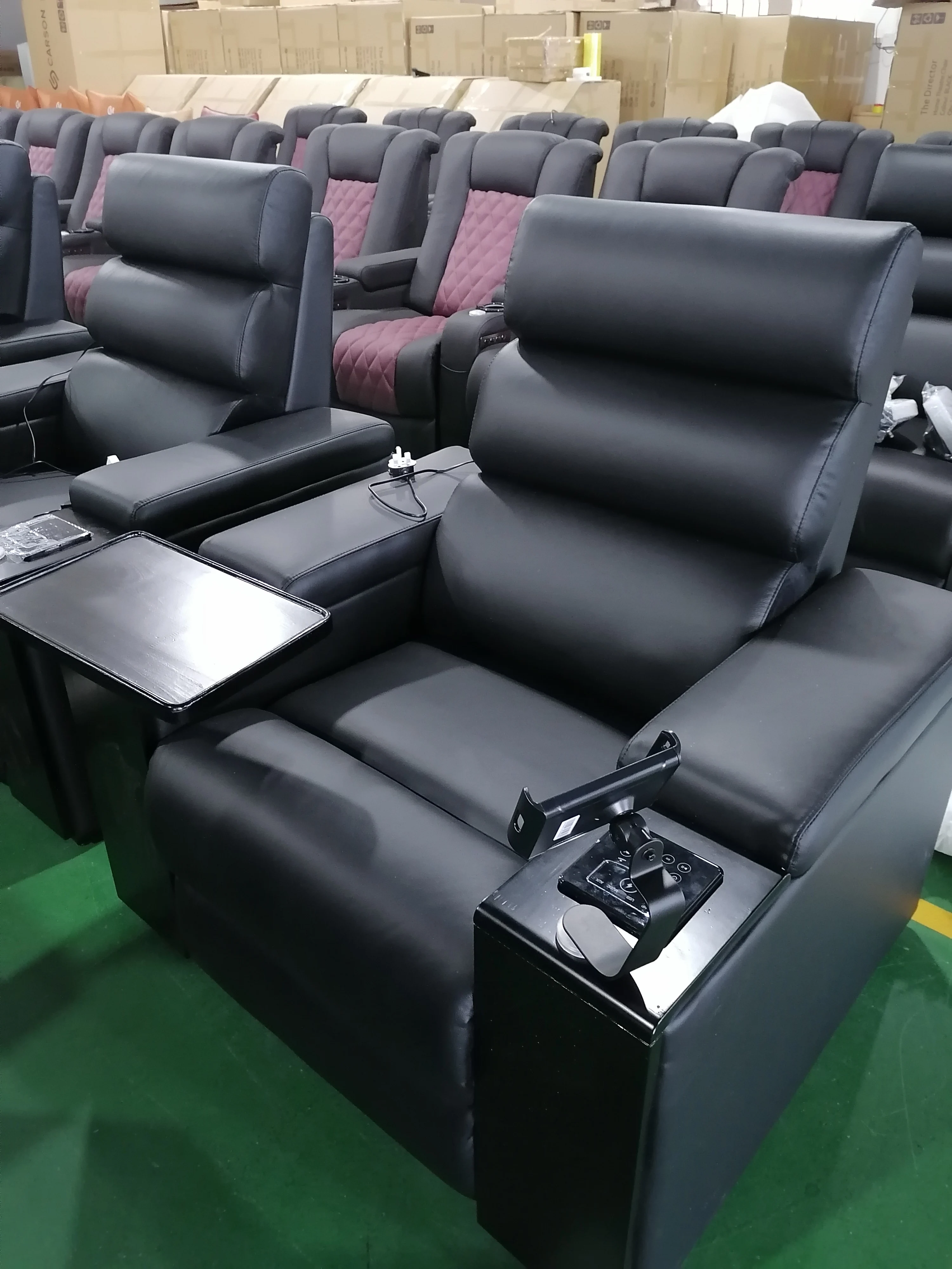 Luxury design black leather home cinema armchair power headrest theater sofa chilly cupholder movie theatre seats with led light