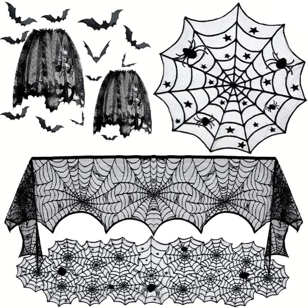 

1PC Halloween Decoration Lace Spider Web Skeleton Skull Tablecloth Black Fireplace Mantel Scarf Event Party Decoration Supplies