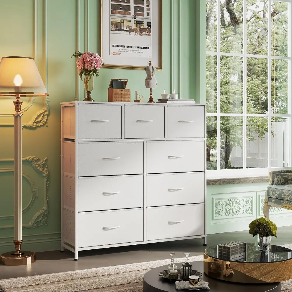 9-Drawer Tall Dresser with Sturdy Steel Frame, White Fabric Storage Tower for Bedroom, Closet, Entryway, Easy Assembly