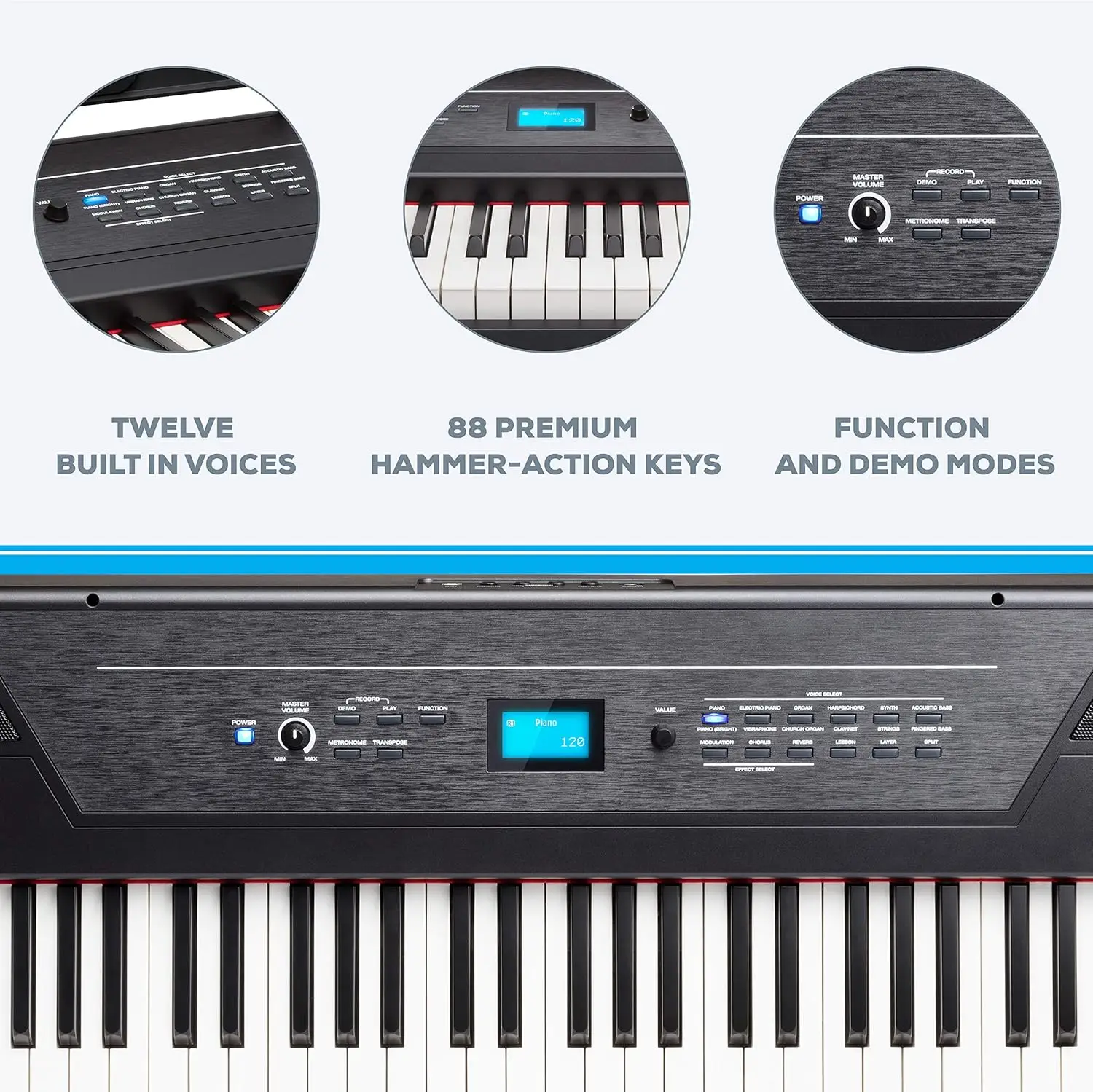 Recital Pro - 88 Key Digital Piano Keyboard with Hammer Action Weighted Keys, 2x20W Speakers, 12 Voices