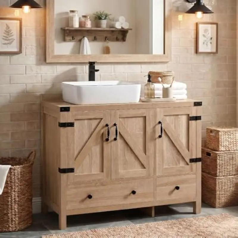 36 Inch Rustic Bathroom Vanity with White Ceramic Basin Engineered Wood Construction Side Cabinets Drawers Magnetic Closure Natu