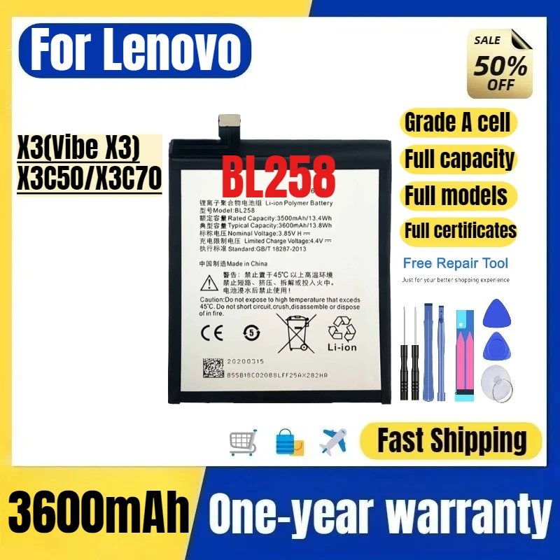 

Аккумулятор BL258 для Lenovo X3 (Vibe X3)/X3C50/X3C70, высококачественный, большой емкости, сменный, класс А, с инструментами для замены