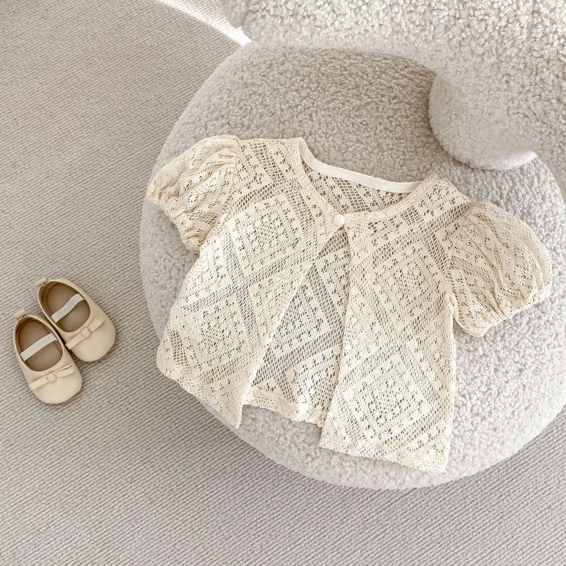 2025 Baby Clothes Summer New 0-3 Year Old Girl Versatile Small Cardigan Hollow Bubble Short-sleeved Top