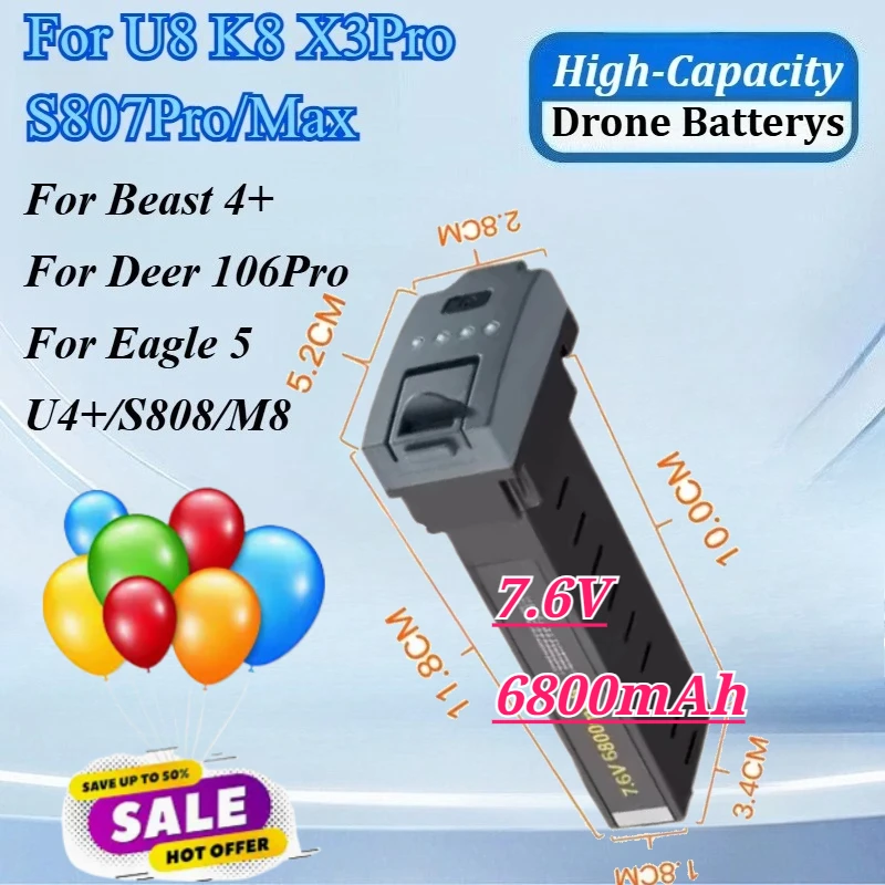 

New 7.6V 6800mAh Drone Battery for K8 X3Pro U8 S807Pro/Max for Beast 4+ for Deer 106Pro for Eagle 5 U4+/S808/M8 Drone Accessory