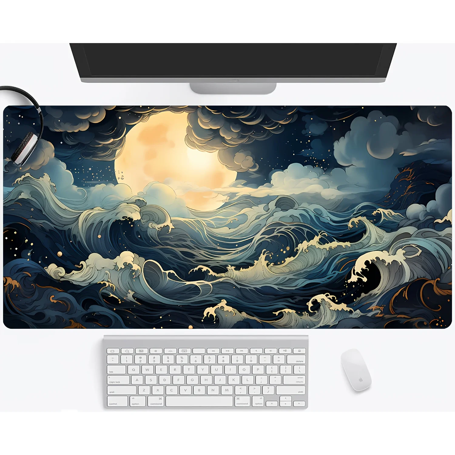 

Ocean and Full Moon Mouse Pad Large Size Rubber Base Anti-slip Desk Accessories Mousepad for Office&Gamer Keyboard Mat Decor Rug