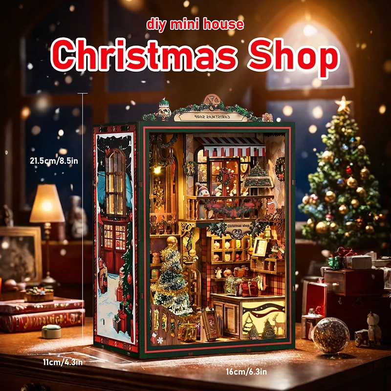 NUOVO libro fai da te Nook kit modello in miniatura in legno negozio di Natale fermalibri puzzle 3D con libreria leggera per regali di compleanno di amici