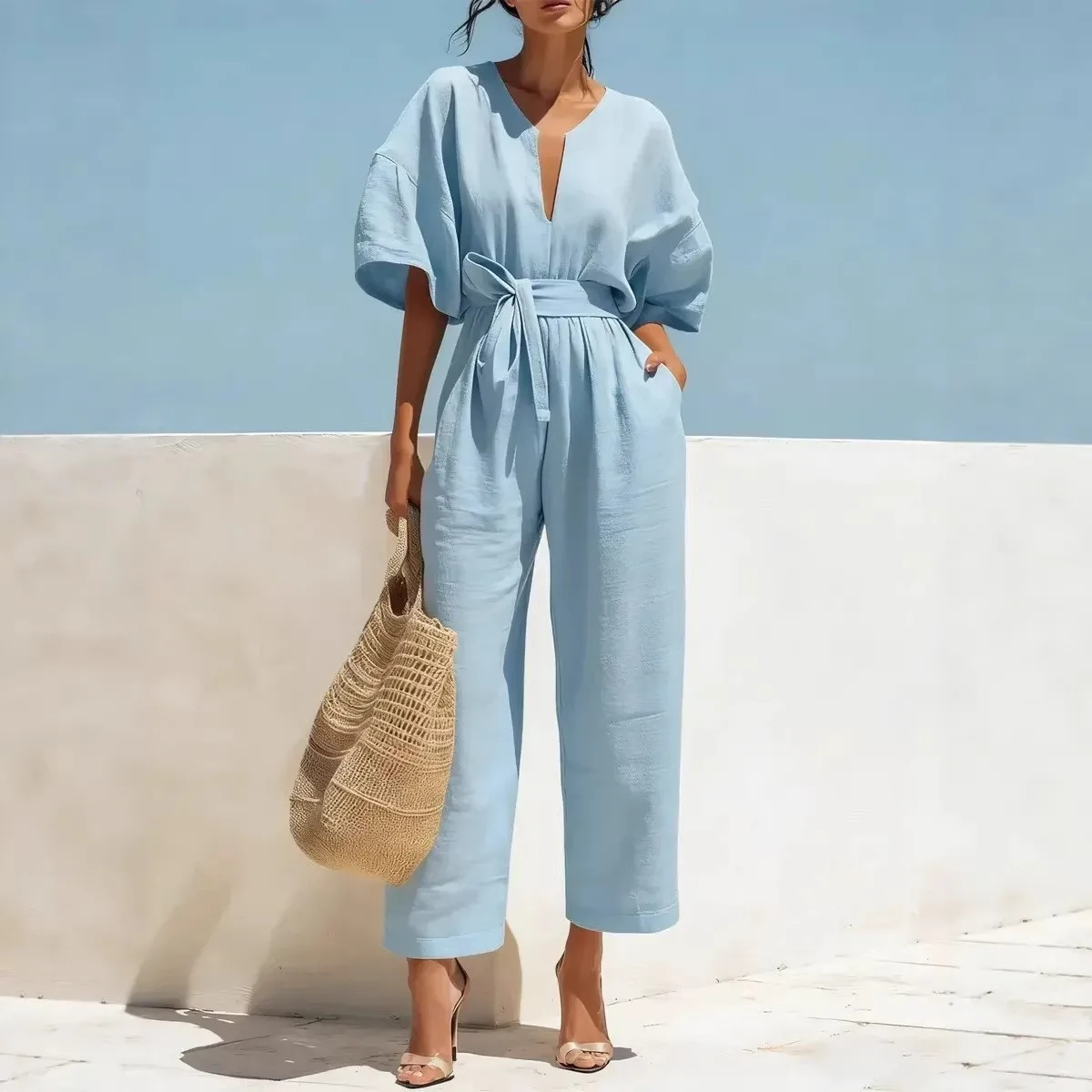 Summer Woman Jumpsuit Elegant Wide Leg V Neck Romper High Waist Light Blue Knit Puff Sleeve Burgundy Loose Fit Women's