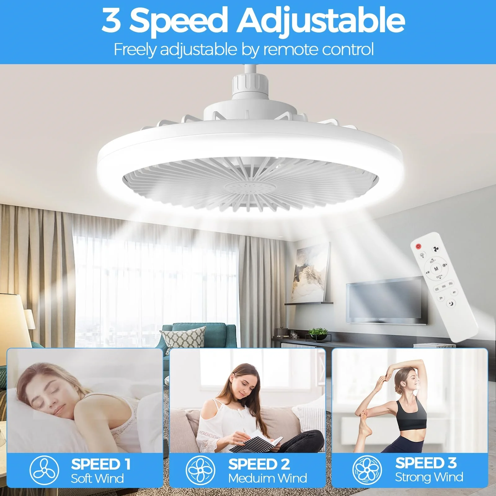 IRALAN Ceiling Fan With Light E27 Socket 10 Inch 85-265V 3 Fan Speeds Dimmable Easy To install For Bedroom Fixtures