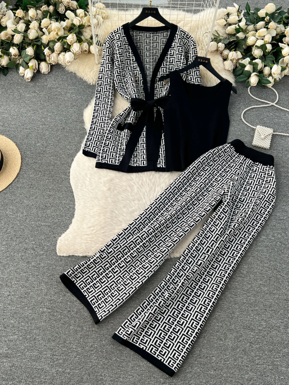 Fashion Printed Coat Inner Vest Wide Leg Pants Casual Loose Knitted Three-Piece Suit Women Outfits 2024 Autumn New Sweater Sets