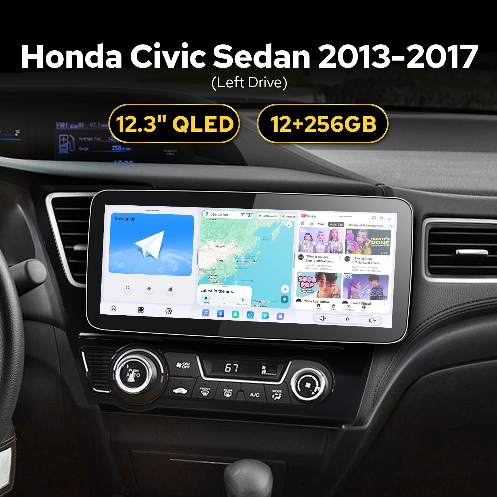 High-End Android Car Multimedia Player Stereo for Honda Civic Sedan 2013-2017 LHD CarPlay Dual Bluetooth Plug&Play Installation