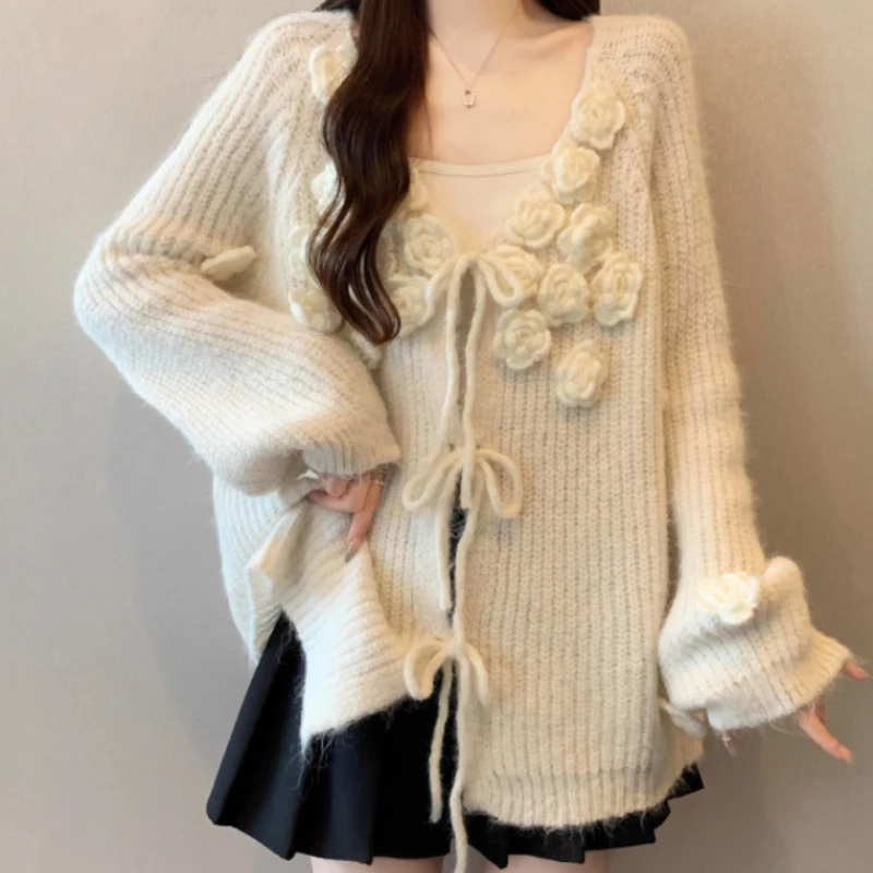 Jesienno-zimowy sweter w dużych rozmiarach, świąteczny, czerwony, z trójwymiarowymi kwiatami, dekolt w serek, słodka dziewczęca moda, luźny, z długim rękawem, dzianinowy top.