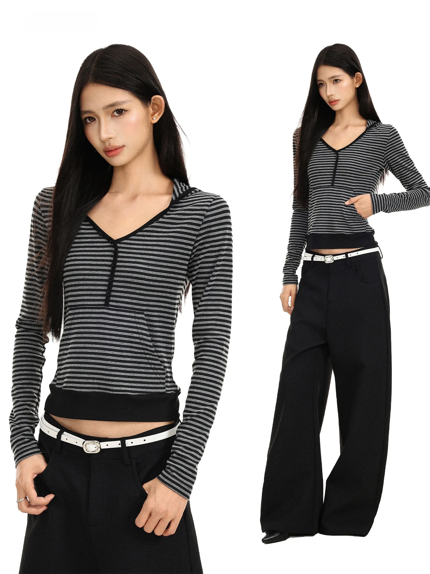 Slim Fit Short Sleeveless T-Shirt Women's Autumn Hot Girl Style V-neck Hoodie Striped Thin Section Exposing Belly Button Top