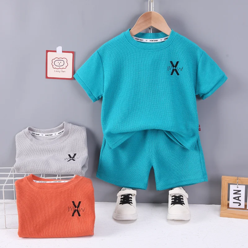 

New Summer Baby Boy Clothing Sets Fashion Plaid Short Sleeve T-shirt+Shorts Children 2Pcs Suit 1-6Y Girl Kids Sports Set GY03113