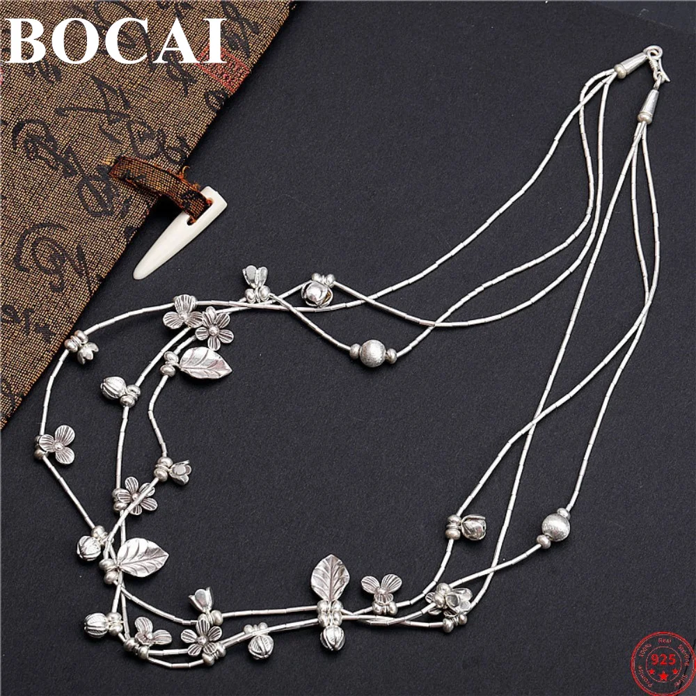 BOCAI S925 Sterling Silver Necklace Handmade Pure Argentum Plum Blossom Leaves Flower Women's Neck Chain Jewelry Accessories