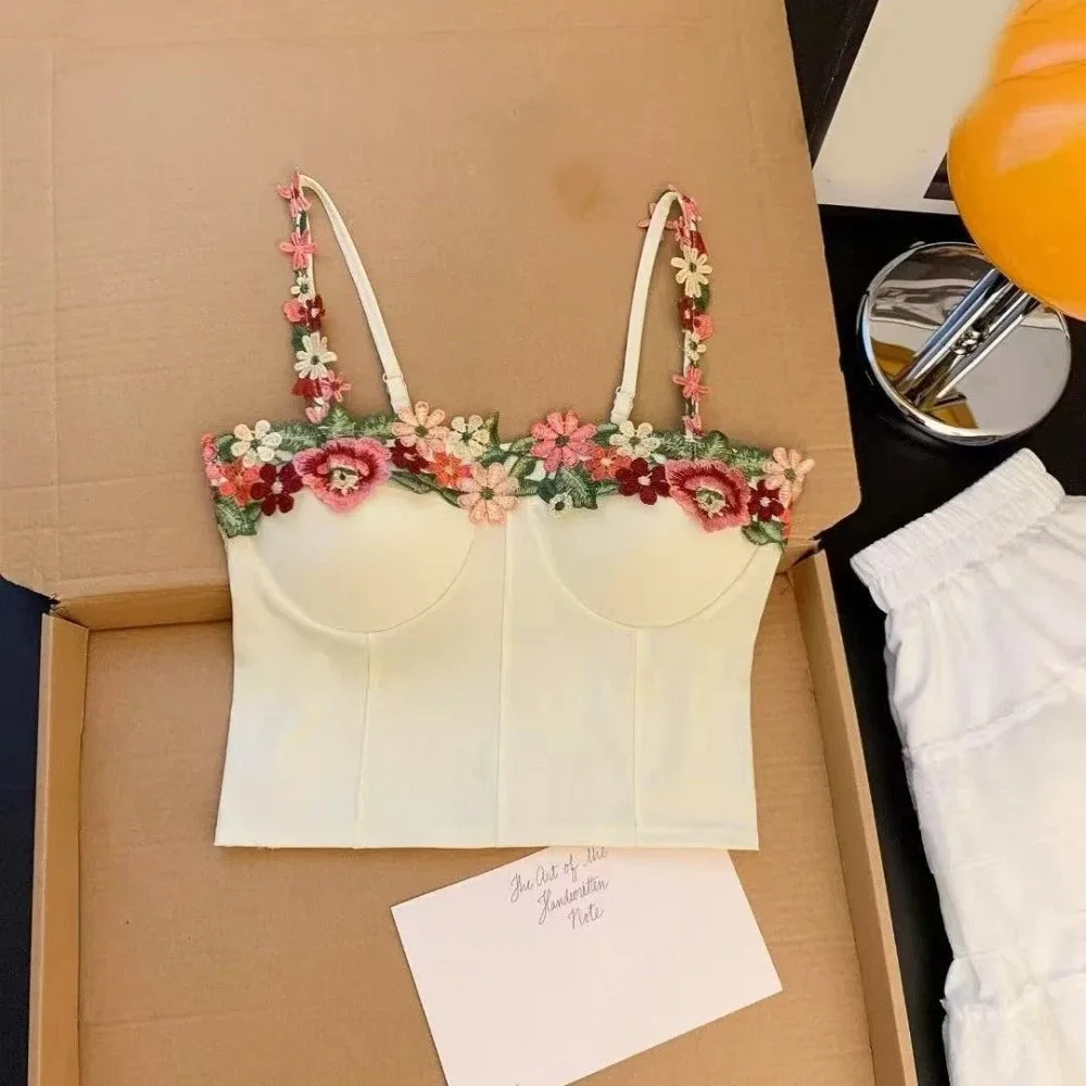 

Chic Spicy Girl Style Flower Camisole Sleeveless Y2K Flower Crop Top Sweet Slim Fit Embroidery Short Vest Summer