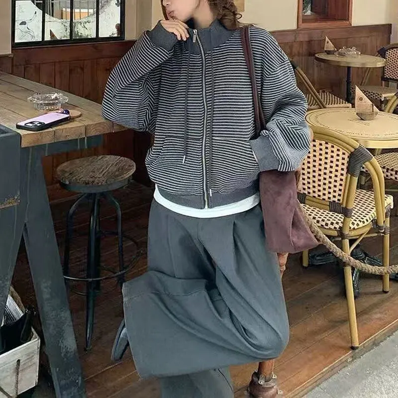 

Fashion Drawstring Stand Collar Hoodies Autumn Winter Korean Striped Women's Clothing Zipper Loose Casual Pockets Sweatshirts