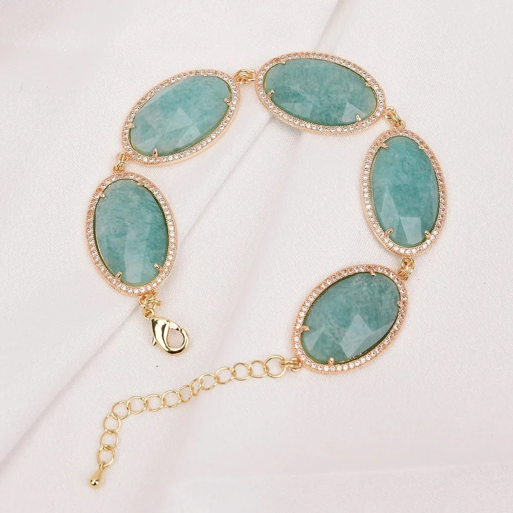 

Natural Stone Gold Edge Plated Oval Green Amazonite Gems Cubic Zircon CZ Pave Chain Bracelet Cute For Women