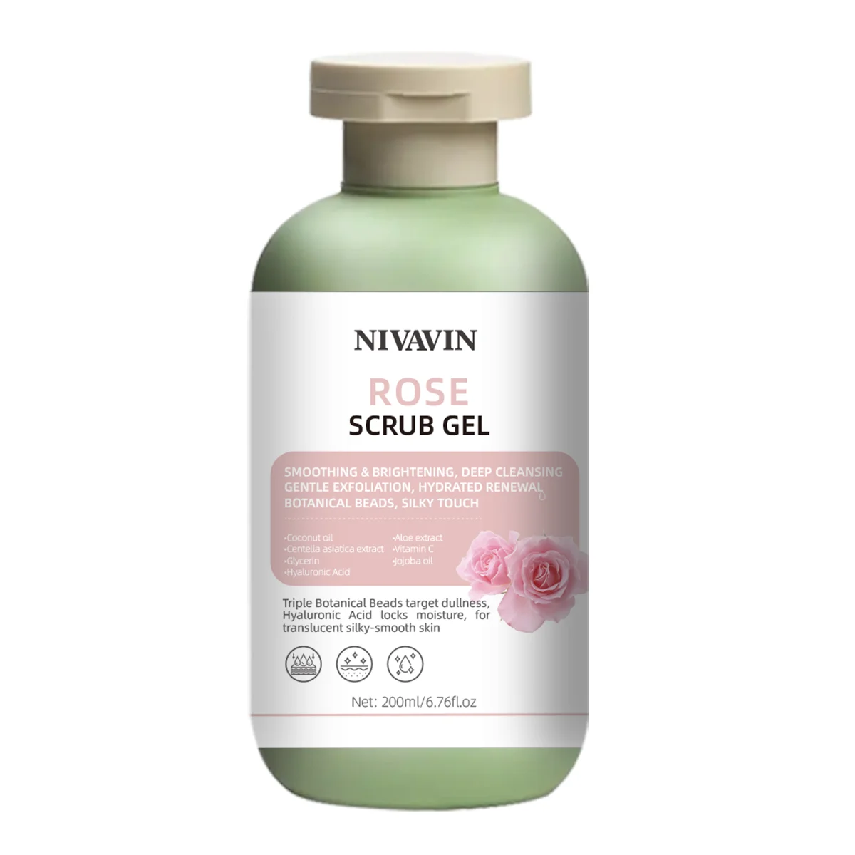 200ml Rose Scrub Gel is suitable for all skin types, gently removes dead skin, moisturizes and brightens the skin tone
