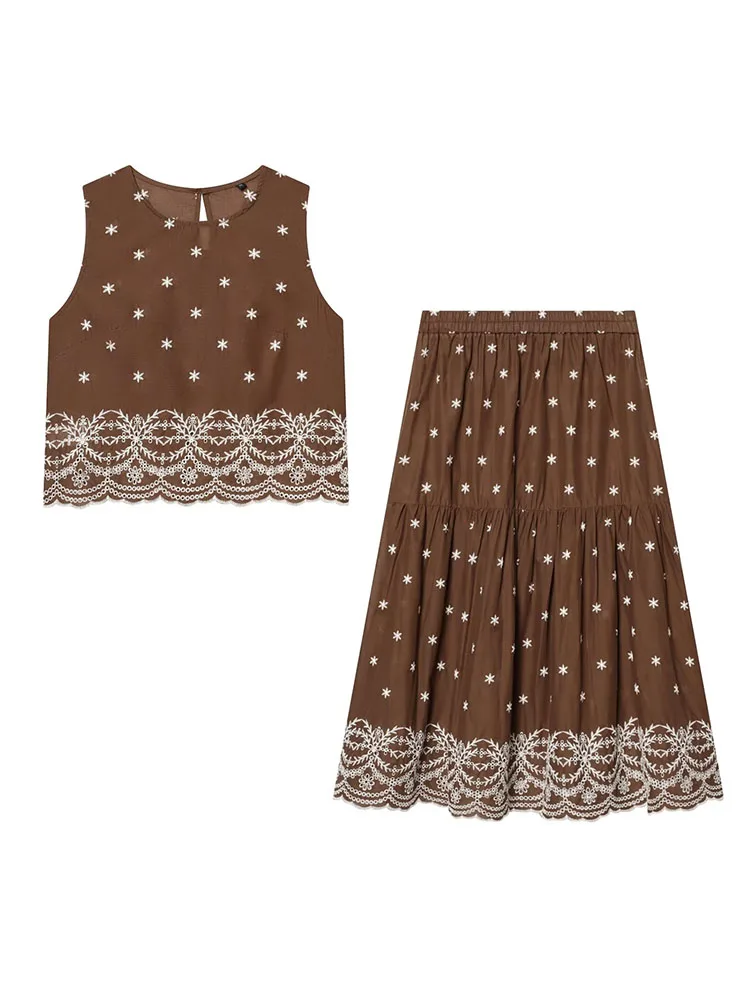

HH Women's Spring Fashion Retro Skirt Set Versatile Hollow Out Embroidered Sleeveless Top+Embroidered Elastic Waist Long Skirt