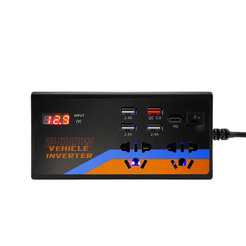 

Автомобильный инвертор-преобразователь: 12В/24В в 110В/220В, розетка, порт для прикуривателя, быстрая зарядка Type-C