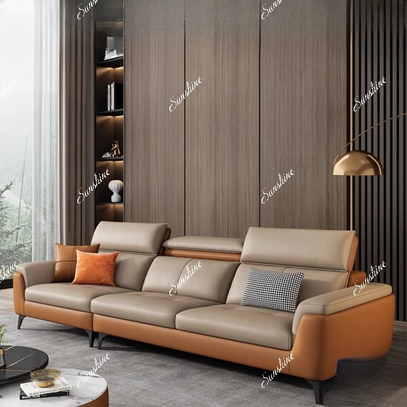 

The living room is simple and modern three-person straight row small apartment, leather sofa small apartment