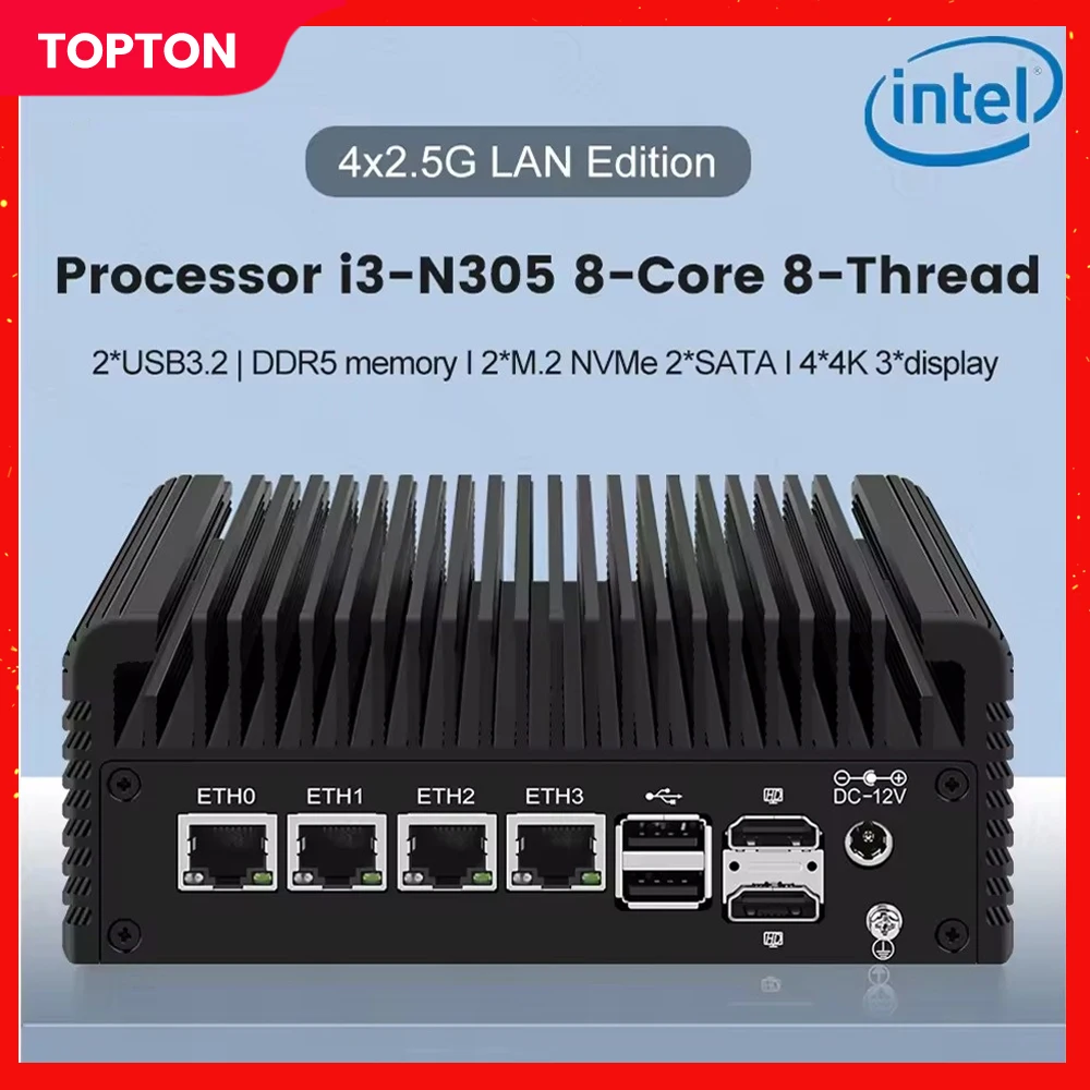 Firewall Router Intel i3 N355 N305 N150 N100 4xi226-V 2.5G DDR5 Type-C 6*USB 2*NVMe 2*SATA Fanless Mini PC PVE Proxmox pfSense