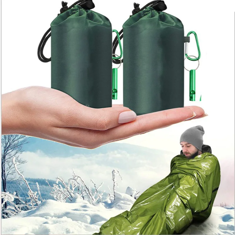 Saco de dormir de supervivencia de emergencia, película aluminizada PE de 26 micras, Camping, senderismo, aislamiento térmico impermeable, tienda de manta de emergencia