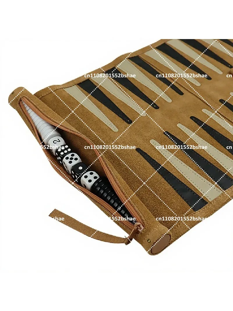 Portable Backgammon Set Roll Up Storage Suede Case with Black White Pieces Travel Board Game Outdoor Fun