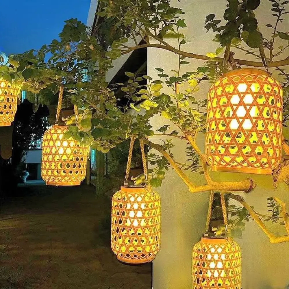 Waterproof Solar Lantern Outdoor Garden Light Vintage Rattan Style Hanging Lamp Chinese Festival Backyard Lighting