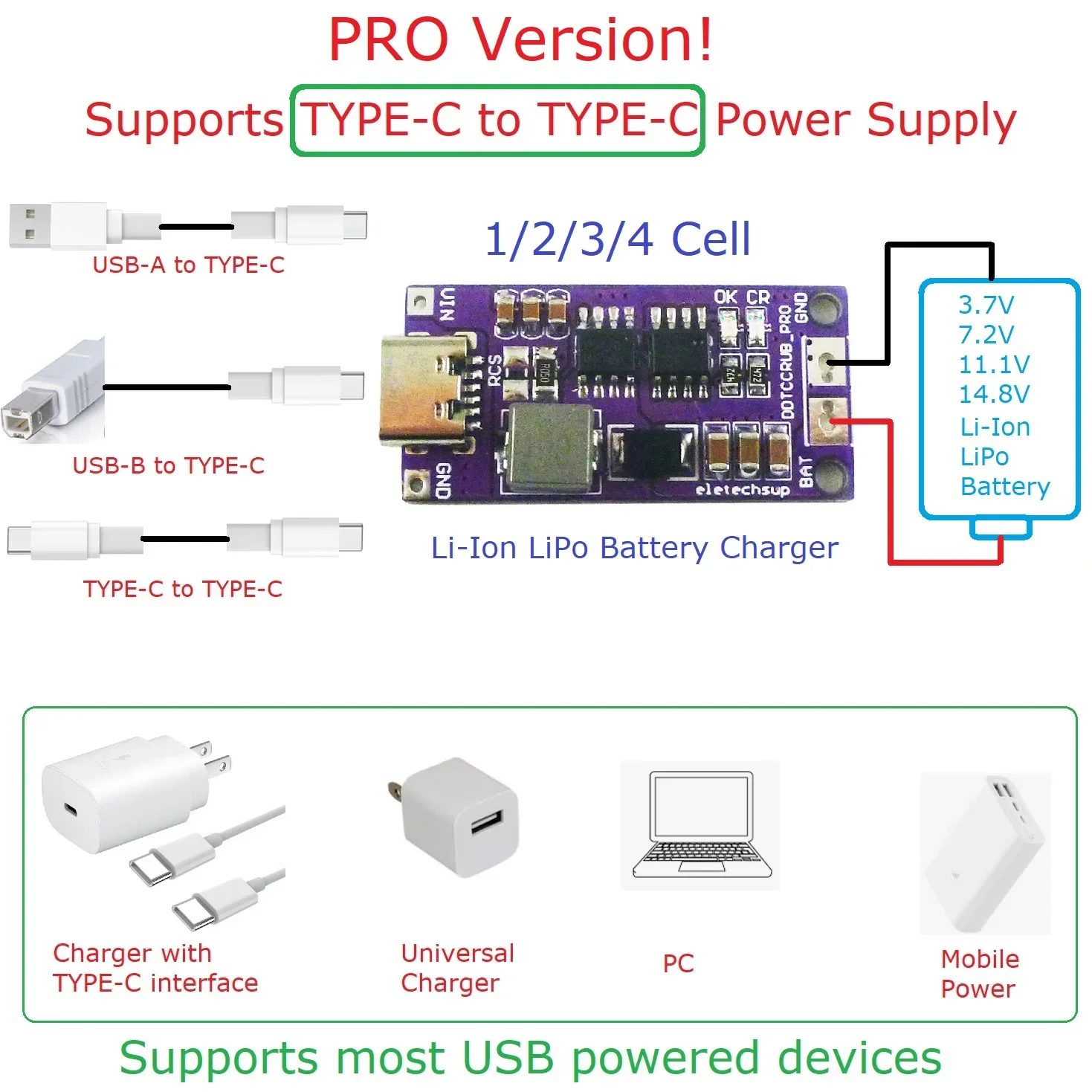 PRO Version! 2S 3S 4S Type-C DC 5V To 8.4V 12.6V 16.8V Step-Up Boost LiPo Li-Ion Charger 7.4V 11.1V 14.8V 18650 Lithium Battery