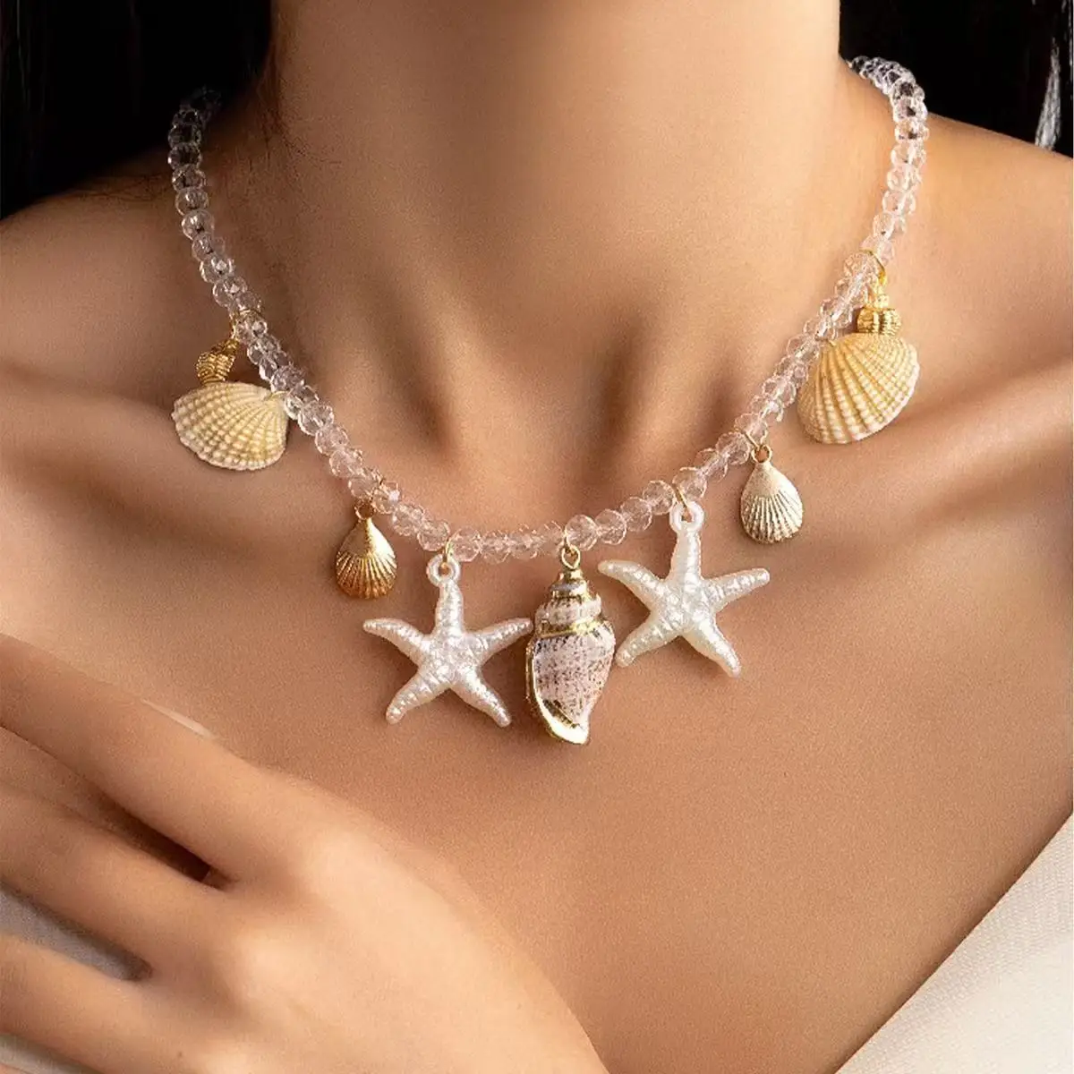 Seashell Necklace Wholesale, European American Cross-border Jewelry for Women, Starfish Beaded Niche High-end Sweater & Clavicle
