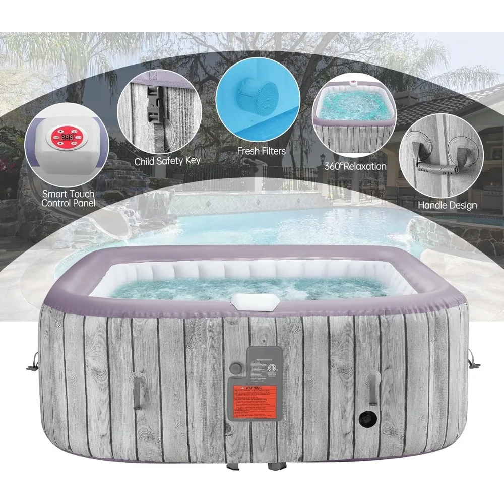 73" Hot Tub Inflatable，with 130 Air Jets,for 4-6 Person,Fastfill Inflation System,Insulation Lid for Patio,Square Hot Tub