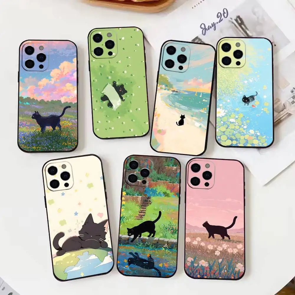เคสโทรศัพท์ลายแมวสีดำฟรี สำหรับ iPhone 16,15,14,13,12,17,Pro Max,Plus  วัสดุซิลิโคนสีดำ