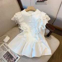 Shirts for Women Temperament Chinese Stand Flying Sleeve White Shirt Femme Crop Tops Blusa Feminina Ruffle Doll Blouse Mujer