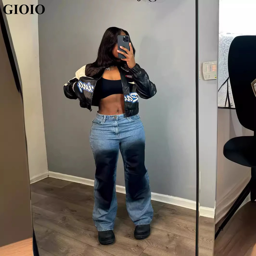 

GIOIO New autumn women's denim pants cotton loose straight jeans trousers cargo pants plus size fashion jeans for women