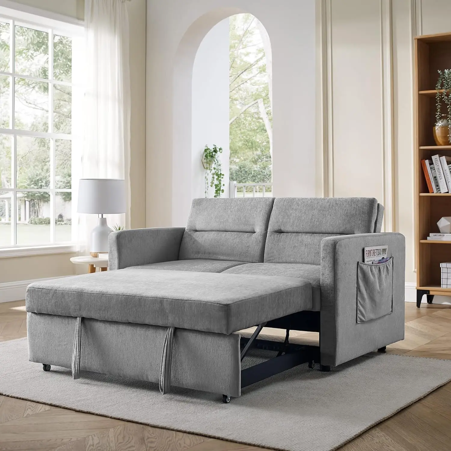 Homssof-Loveseat Sofá-cama com pull-out cama, ajustável de volta, dois braço bolso, cinza sofá, 54,5 "x 33" x 31,5"