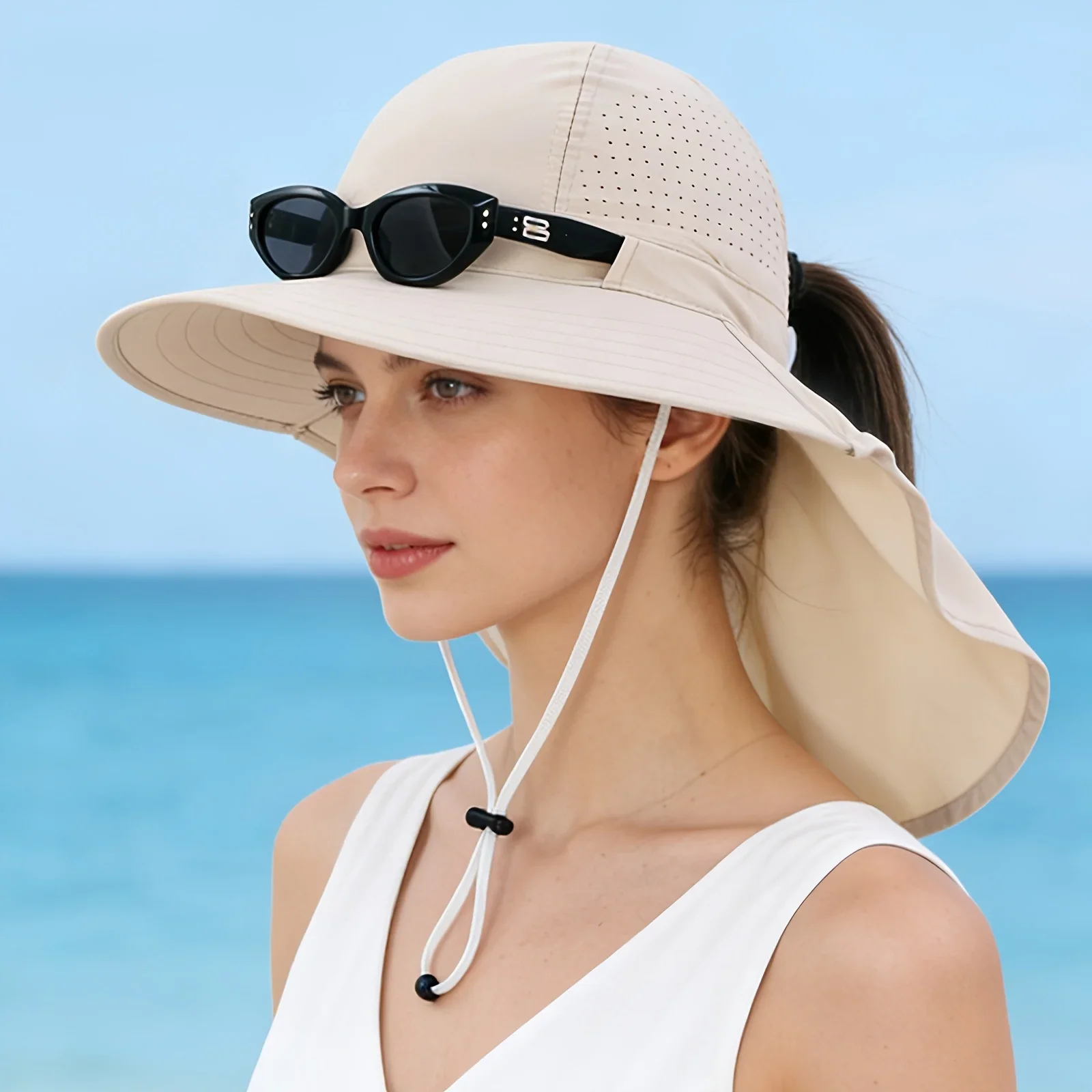 Atmungsaktiver Sonnenschutz-Schal-Sonnenhut für Damen, faltbar, geeignet für Outdoor-Aktivitäten, Wandern, Strandurlaub – Detail 4