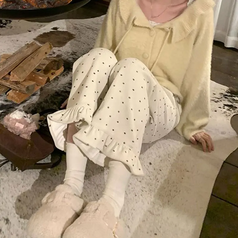 コーデュロイ ブロークン フラワー ワイドレッグ カジュアルパンツ 秋冬 スタイリッシュ フリル スプライス レディース服 ルーズ スイート ベーシック パンツ