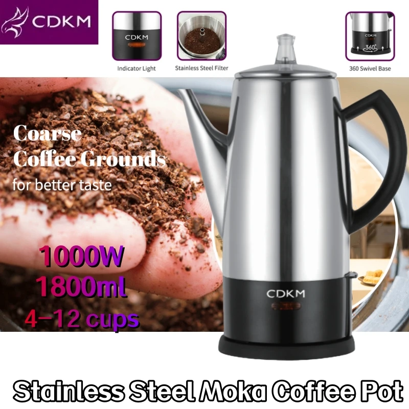 

CDKM Percolator Coffee Pot SUS304 Stainless Steel Coffee Maker Electric Espresso Kettle 4-12 Cups 1000W Suitable For Home use