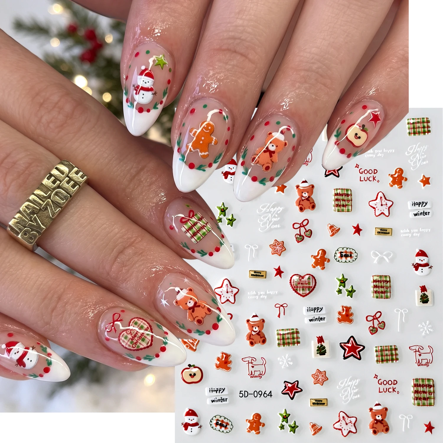 1Pcs 5D Embossed Snowman Gingerbread Nail Stickers Snowflakes Bell Checkered Star Bow Nails Decals for Christmas Manicure Decor