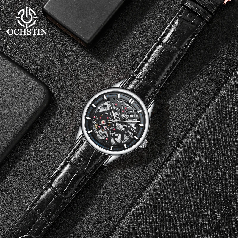 OCHSTIN Luxury Openwork Skeleton Mechanical Watch Man Solid Stainless Steel Case Durable Leather Strap Men's Waterproof Clock