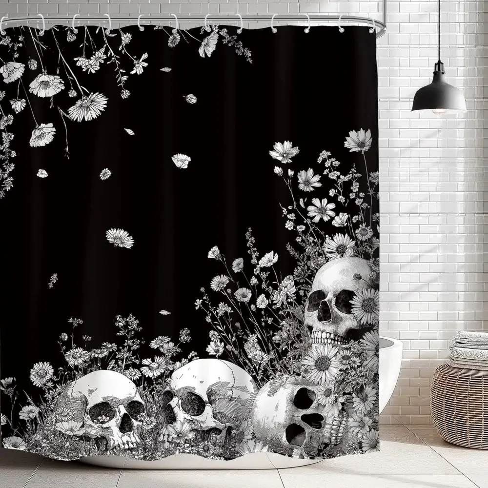 Gothic Black White Skull Shower Curtain, Retro Wildflower Skeleton Waterproof Fabric Curtain